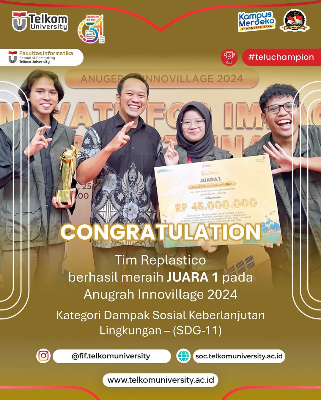 Tim Replastico berhasil meraih Juara 1 pada Anugrah Innovillage 2024